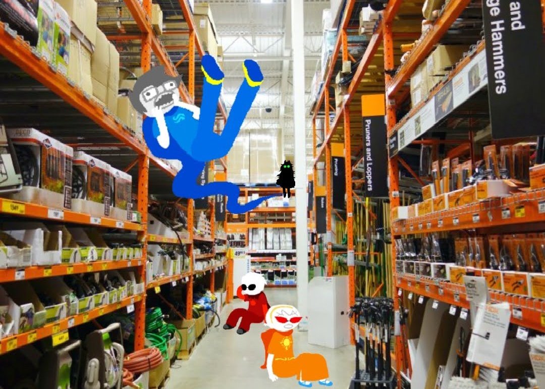 Homestuck characters in a Home Depot aisle
